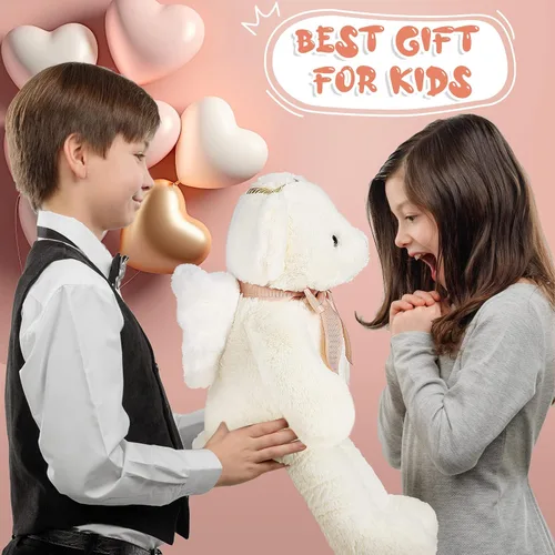 Vista 6 de Sratte Oso de ángel de peluche de 16 pulgadas con alas y lazo suave y lindo juguete de peluche para niños y niñas, cumpleaños, baby shower, bautizo
