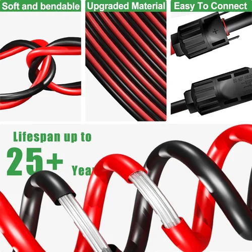 Vista 4 de Cable de extensión solar de doble cable de 6 pies – Conector de panel solar de 10 AWG (6 mm²), con conectores solares IP67 macho/hembra
