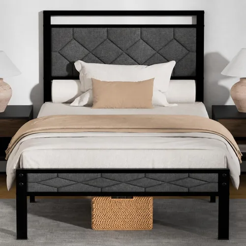 Vista 11 de Z-hom Base de cama matrimonial tapizada de fácil montaje y cabecera Beige