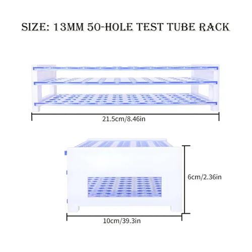 Vista 6 de 50 tubos de ensayo de vidrio transparente de 0.5 fl oz (0.512 x 3.937 in) con tapones de corcho y 1 estante de tubos de plástico de 50 agujeros