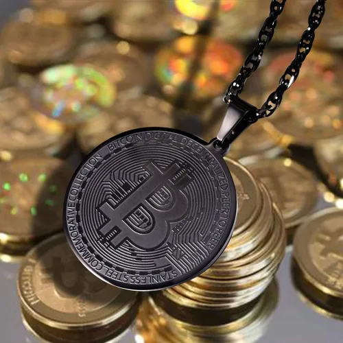 Vista 2 de PROSTEEL Bitcoin - Collar con colgante digital de criptomonedas criptomonedas, dinero mundial, collar de Bitcoin Simbol, regalo para élella