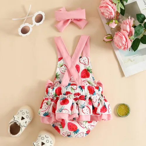 Vista 3 de IBTOM CASTLE Conjunto de traje de bebé para niñas, diseño de ciervo de dibujos animados + diadema con volantes, Strawberry