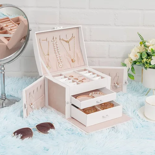 Vista 5 de Oyydecor Joyero organizador para mujeres y niñas piel sintética para personas mayores caja de almacenamiento de joyas de tamaño mediano