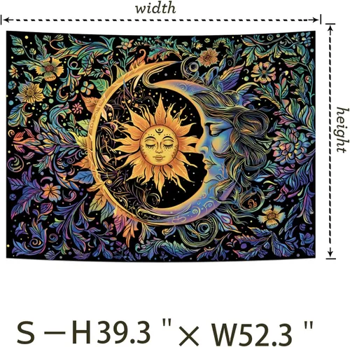 Vista 6 de Tapiz de sol y luna, psicodélico, místico, floral, hippie, bohemio, flores, tapices de pared, tapices estéticos vintage para colgar en la pared