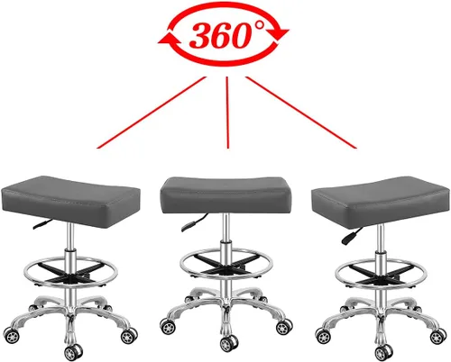 Vista 4 de Taburete giratorio ajustable para masaje, oficina, tatuaje, cocina, taburete de trabajo con ruedas (gris, con anillo de pie)