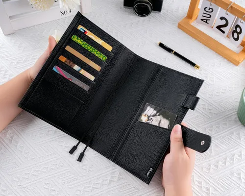 Vista 3 de A5 Funda de cuero para planificador de Hobonichi Cousin, Stalogy, Midori, Leuchtturm1917, y más - con presilla para bolígrafo, ranuras para Negro