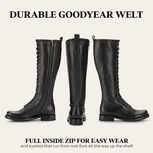 Vista 6 de Frye Veronica Botas de combate altas de 15 pulgadas para mujer, hechas de cuero de grano completo con construcción Goodyear Welt, cordones de tela