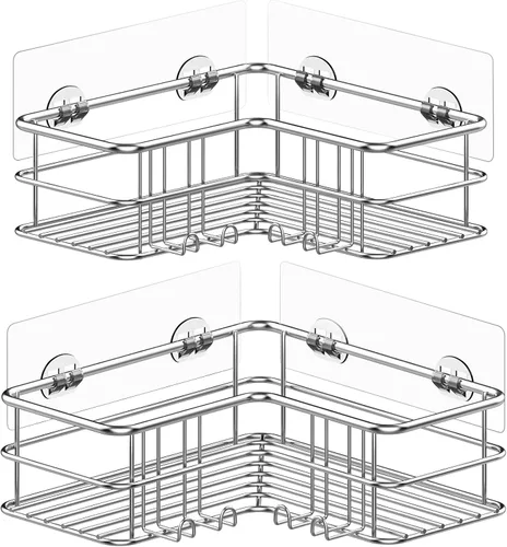 Vista 14 de Menbyci Organizador de ducha negro esquinero para baño, accesorios organizadores de baño a prueba de óxido, cesta de ducha adhesiva, estante