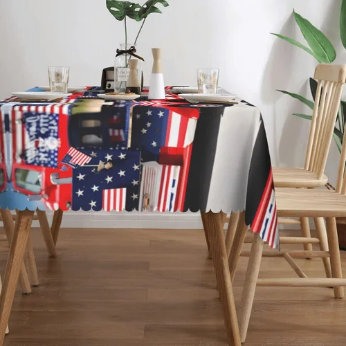 Vista 3 de Mantel rectangular de encaje de poliéster con diseño patriótico de camión del 4 de julio, 54 x 72 pulgadas, resistente a las arrugas, lavable