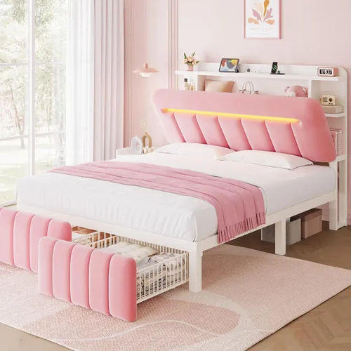 Vista 14 de Jocoevol Base de cama individual con cabecera de almacenamiento para niños, marco de cama tapizado blanco tamaño individual con cajones de Beige