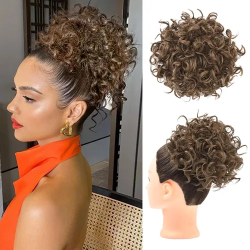 Vista 13 de HOOJIH - Moño desordenado para el pelo, pieza de pelo con cordón elástico, onda suelta, gran moño rizado, corto, extensión de cola de caballo Negro