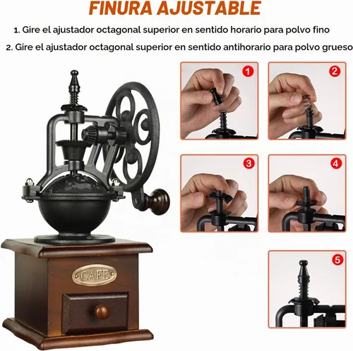 Vista 4 de Molinillo de café de fresas, Molinillo manual de madera de estilo vintage, Molino de café clásico de prensa francesa con cepillo Manivela