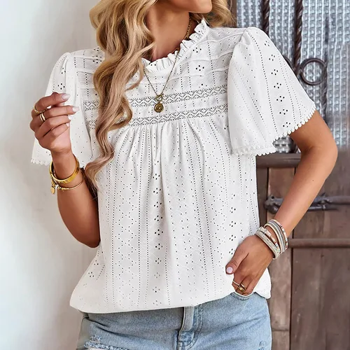 Vista 5 de Women Solid Crew Neck Short Sleeve Elegant Shirts Blouses Tops Jacquard Summer Shirt
