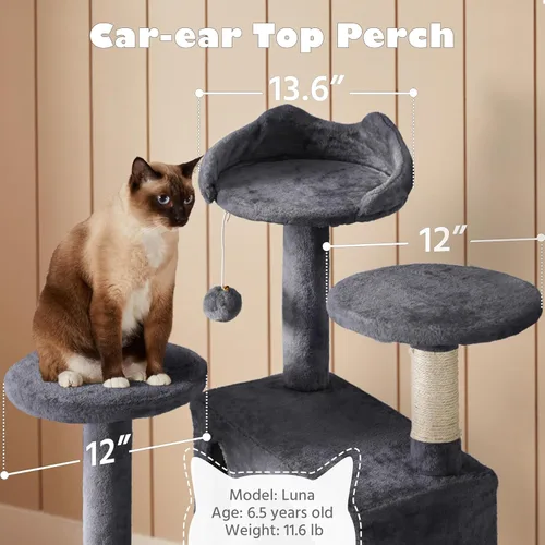 Vista 8 de Yaheetech Árbol para gatos de 54 pulgadas, torre para gatos de varios niveles con espaciosa percha de orejas de gatito, 2 cuevas acogedoras, postes