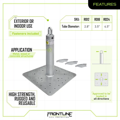 Vista 4 de Frontline Fall Protection Anclaje de techo comercial RO12 de 12 pulgadas Punto de anclaje para techos de acero galvanizado cumple con OSHA y ANSI