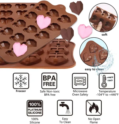 Vista 3 de Moldes de silicona para chocolate pequeños con forma de corazón de diamante, 4 paquetes (4 x 15 cavidades), para hornear bombas de chocolate, mini
