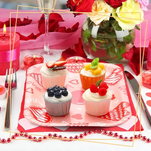 Vista 2 de Ziliny 24 platos de papel desechables con forma de corazón, bandejas rectangulares de 13 x 9 pulgadas, bandejas grandes para servir para bodas, Rosa