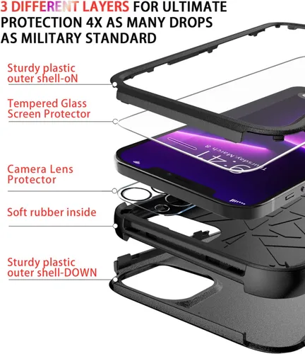 Vista 4 de Diverbox Funda diseñada para iPhone 13 Pro con protector de pantalla para lente de cámara, resistente a los golpes, resistente a los golpes
