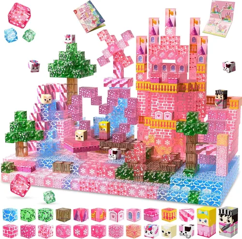 Vista 8 de Bloques magnéticos – 100 bloques de construcción magnéticos de castillo de princesa rosa, cubos magnéticos 3D para niñas, juguete de construcción
