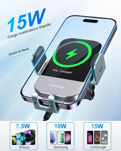 Vista 3 de Cargador de Coche Inalámbrico, Carga Rápida de 15W, Cargador de Coche con Abrazadera Automática, Soporte para Teléfono Compatible con iPhone 15 14