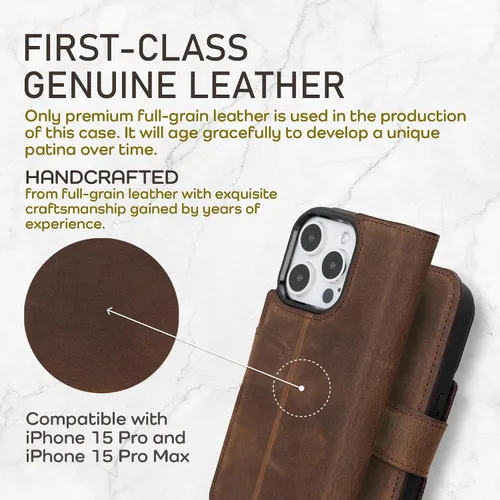 Vista 2 de Bayelon Funda tipo cartera para iPhone 15 Pro, cartera de cuero de grano completo, funda magnética desmontable, tarjetero, funda tipo cartera