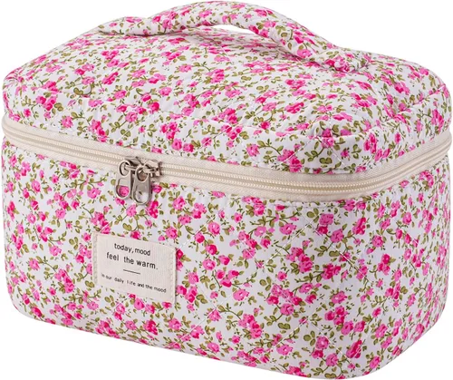 Vista 39 de uekeboag - Bolsa de maquillaje grande de viaje acolchada para mujer, neceser de algodón con estampado floral, neceser con estampado floral