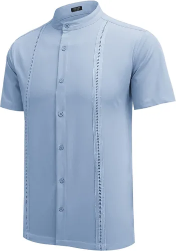 Vista 5 de COOFANDY Mens Short Sleeve Cuban Guayabera Shirt Casual Band Collar Button Down Shirts