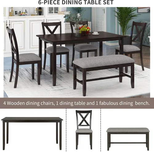 Vista 4 de Merax Juego de mesa de comedor para 6, mesa de comedor rectangular de madera con 4 sillas de comedor tapizadas y banco para cocina/comedor/muebles