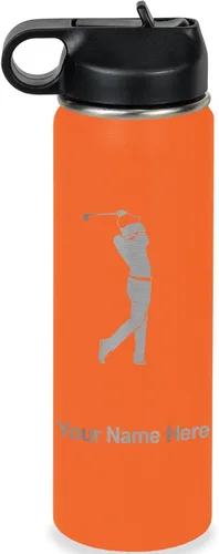 Vista 31 de LaserGram Botella de agua personalizada, golfista de golf, acero inoxidable de doble pared aislada al vacío con popote superior, regalo grabado Negro