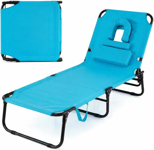 Vista 11 de Sillón plegable de playa con 5 respaldos ajustables y almohada acolchada, tumbona para tomar el sol, silla plana de bronceado para cubierta de Azul