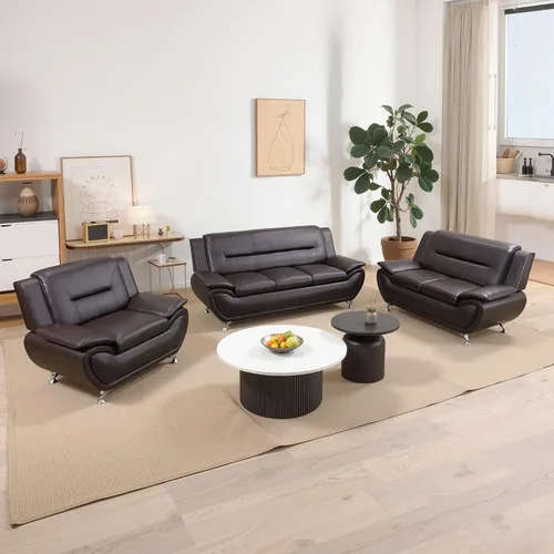 Vista 16 de Juego de sofá de cuero para sala de estar, juego de muebles de sala de estar de 3 piezas, juego de sofá moderno con sofá de 3 plazas, sofá biplaza