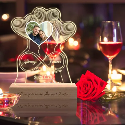 Vista 6 de Luz nocturna de ilusión 3D personalizada, lámpara de nombre personalizada, placa de luz acrílica con corazón LED, soporte grabado de madera