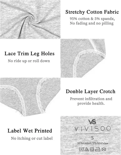 Vista 5 de VIVISOO Ropa interior de algodón para mujer, linda, de encaje, suave, transpirable, sin rollitos, paquete múltiple