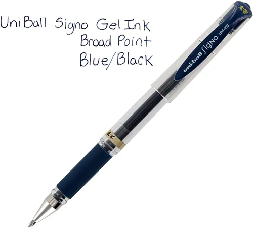 Vista 4 de Pluma de punta rodante Uni-Ball Signo UM-153, tinta de gel, con Punta amplia, de 1.0 mm, paquete de 3 unidades, negro, azul (Blue-Black Ink)
