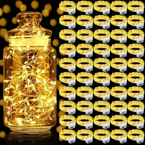 Vista 10 de Aogist Paquete de 24 luces de hadas, 3 modos, 2,1 metros, 20 luces LED, impermeables, cable plateado, funcionan con pilas, mini luces de alambre