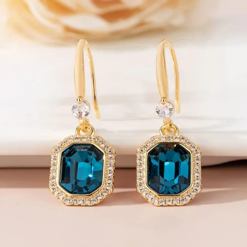 Vista 3 de Aretes colgantes octagonales con halo de cristal austriaco para mujer, chapados en oro rosa de 14 quilates, joyería hipoalergénica, regalos