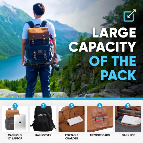 Vista 2 de JAEP Mochila para Cámara - Resistente a la Intemperie, Lona Encerada de Memoria de 16 Onzas – Mochilas DSLR SLR con compartimento para funda