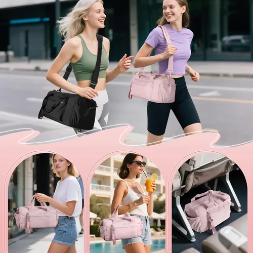 Vista 5 de Pequeña bolsa de gimnasio para mujer, bolsa deportiva de 12 litros con compartimento húmedo, mini bolsa de viaje para entrenamiento y fitness, Rosa