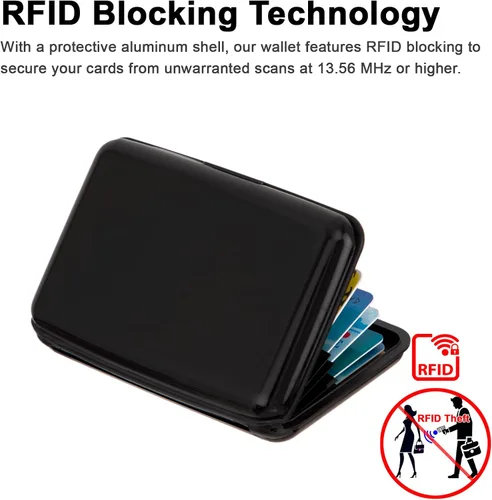 Vista 45 de Soporte para tarjetas de crédito, cartera metálica con bloqueo RFID para tarjetas de identificación para mujeres y hombres, funda rígida de aluminio
