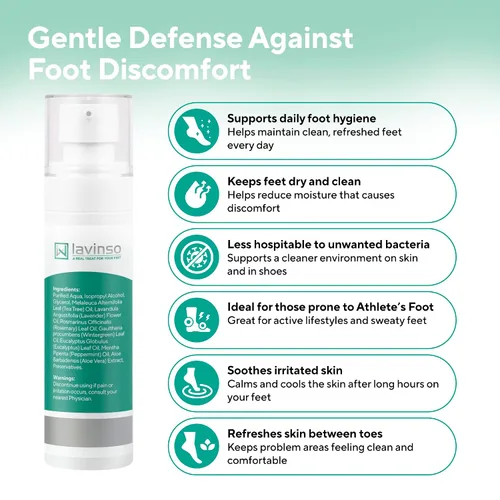 Vista 8 de Lavinso Athlete's Foot Care Spray con aceite de árbol de té, desodorante de zapatos y eliminador de olores de pies para pies malolientes