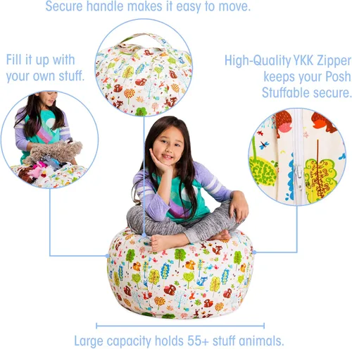 Vista 2 de Posh Creations Funda de puf para niños con almacenamiento para animales de peluche - Organizador de juguetes para niños, Mediano 68.58 cm - Lona