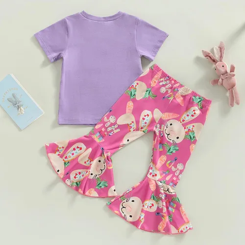 Vista 3 de MOREELUCK Conjunto de pantalones de Pascua para bebé niña, camiseta gráfica de conejo, pantalones acampanados con diadema, trajes de vacaciones