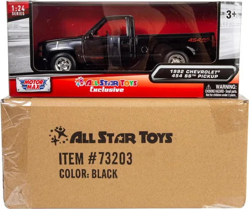 Vista 9 de All Star Toys 1992 Chevy C1500 454SS Pickup Truck a escala 1/24, modelo de coche fundido en metal negro con interior rojo Silverado 454 SS Motormax