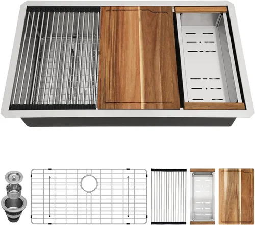 Vista 13 de Fregadero de 13 x 15 pulgadas negro para exteriores, estación de trabajo NANO PVD Gunmetal negro, calibre 16, acero inoxidable, hecho a mano, cuenco