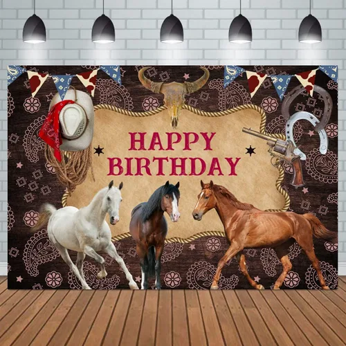 Vista 7 de Telón de fondo de fotografía de caballo de feliz cumpleaños, decoración de fiesta de vaquero del salvaje oeste, fondo de imagen, fondo de granja