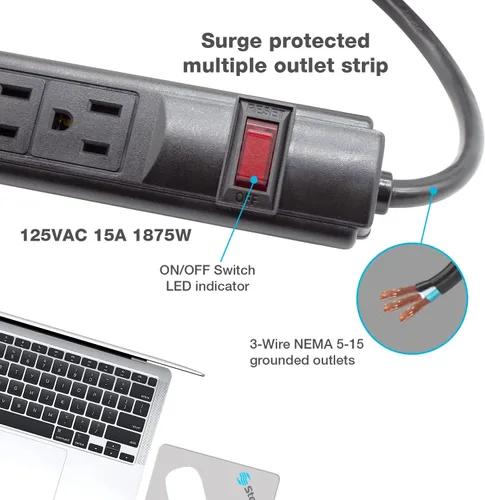 Vista 6 de STEREN Tira protectora de sobretensiones de plástico, 6 salidas, cable de 3 pies, enchufe de ángulo recto, 240 julios, negro [905-132]