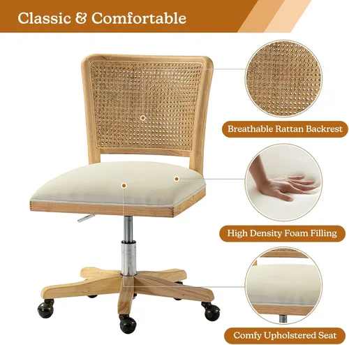 Vista 9 de HULALA Silla de oficina en casa, silla de escritorio de ratán con respaldo Beige
