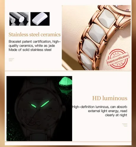 Vista 6 de OLEVS Relojes para mujer, oro rosa, de dos tonos, de moda, de cerámica, blanco, esfera rosa, roja, acero inoxidable, fecha impermeable