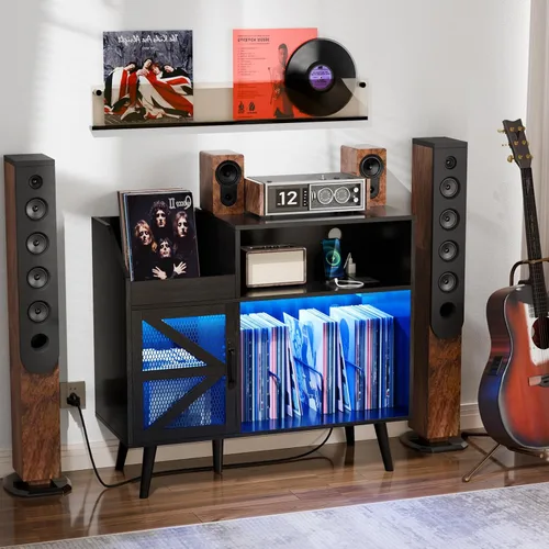 Vista 7 de Loomie Soporte grande para tocadiscos con toma de corriente y luz LED, gabinete de almacenamiento de discos de vinilo 350 con puerta magnética, mesa