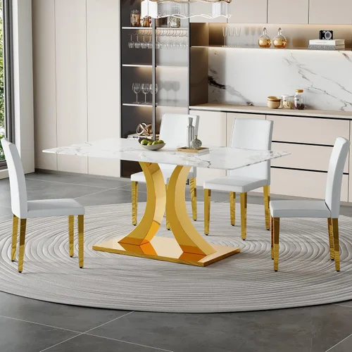 Vista 29 de Juego de mesa de comedor de mármol para 4, moderna mesa de oro blanco de 63 pulgadas con patas de marco de forma intercambiable y sillas de comedor